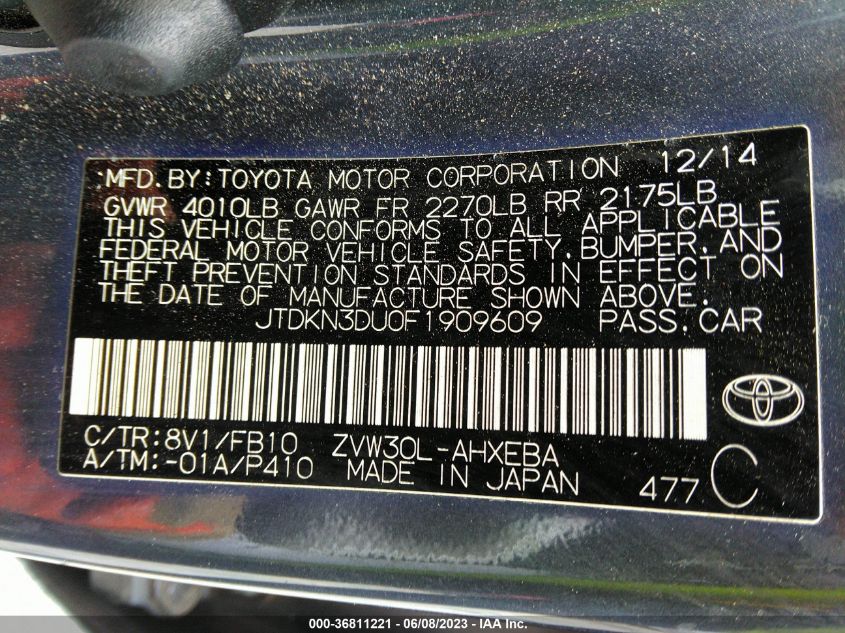 2015 TOYOTA PRIUS FOUR - JTDKN3DU0F1909609