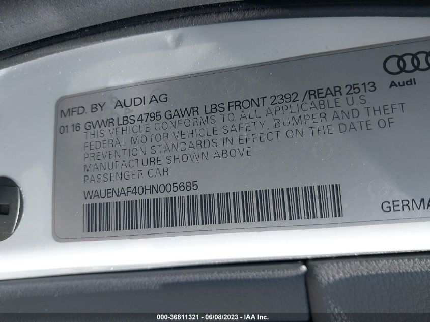 2017 AUDI A4 PREMIUM PLUS - WAUENAF40HN005685