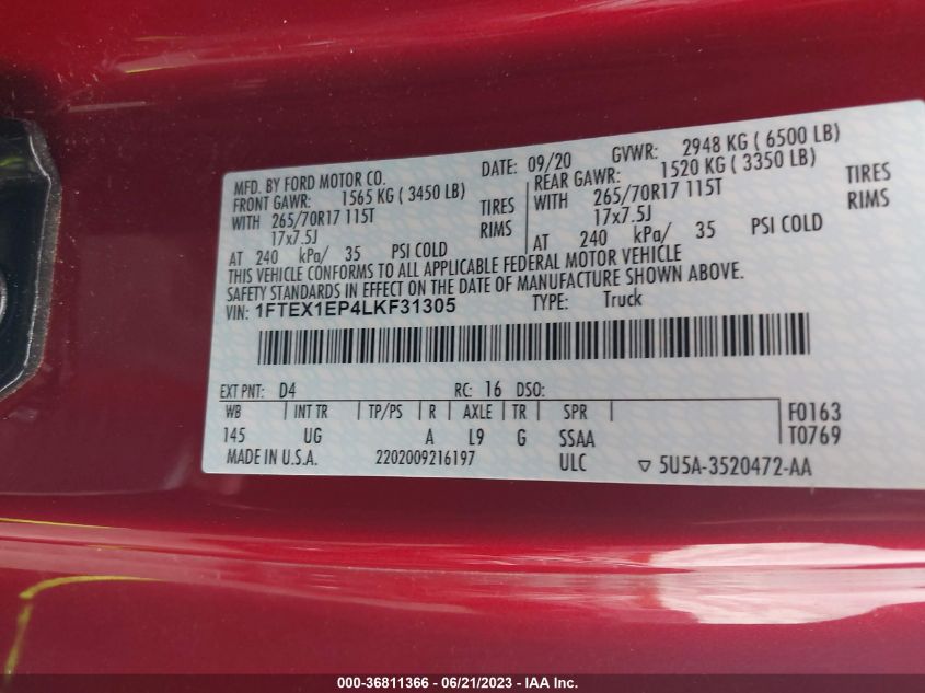 2020 FORD F-150 XL/XLT/LARIAT - 1FTEX1EP4LKF31305