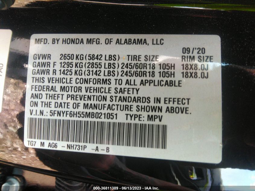 2021 HONDA PILOT EX-L - 5FNYF6H55MB021051