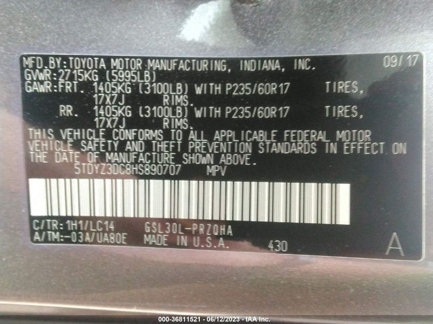 2017 TOYOTA SIENNA XLE AUTO ACCESS - 5TDYZ3DC8HS890707
