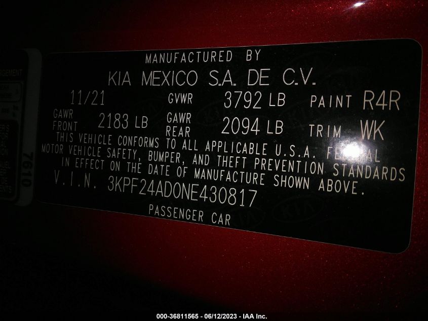 2022 KIA FORTE LXS - 3KPF24AD0NE430817