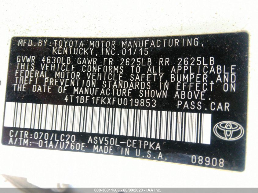2015 TOYOTA CAMRY XLE/SE/LE/XSE - 4T1BF1FKXFU019853