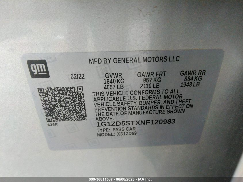 2022 CHEVROLET MALIBU LT - 1G1ZD5STXNF120983