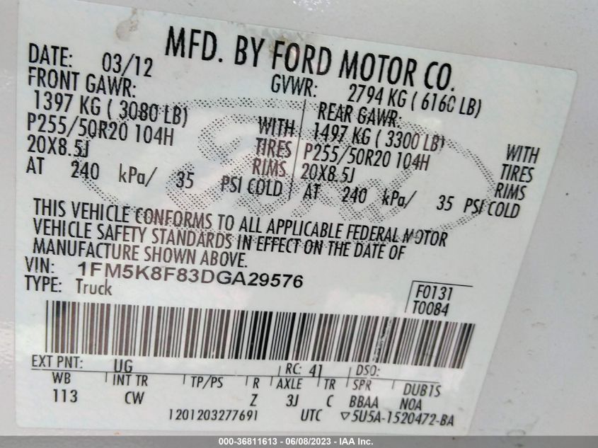 2013 FORD EXPLORER LIMITED - 1FM5K8F83DGA29576