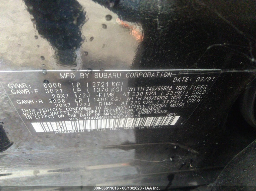 VIN 4S4WMARD0M3443419 2021 SUBARU ASCENT TOURING