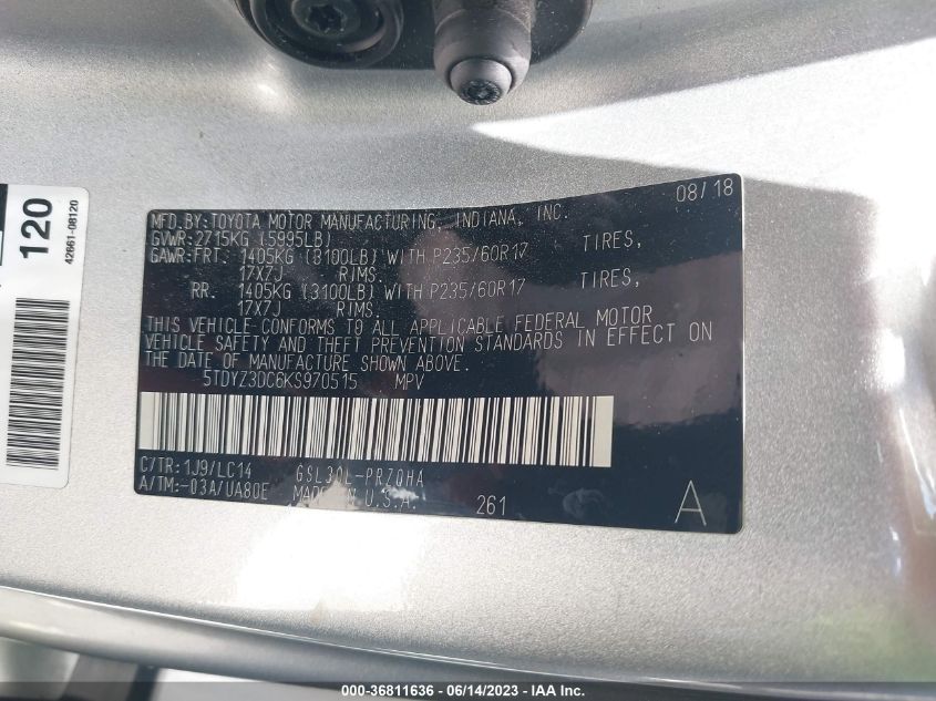 5TDYZ3DC6KS970515 2019 TOYOTA SIENNA, photo no. 9