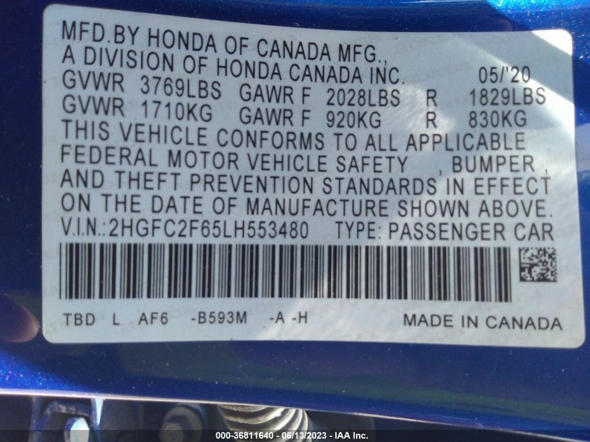 2020 HONDA CIVIC SEDAN LX - 2HGFC2F65LH553480