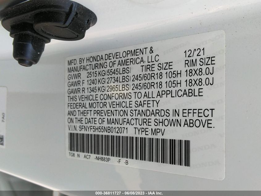 2022 HONDA PILOT EX-L - 5FNYF5H55NB012071