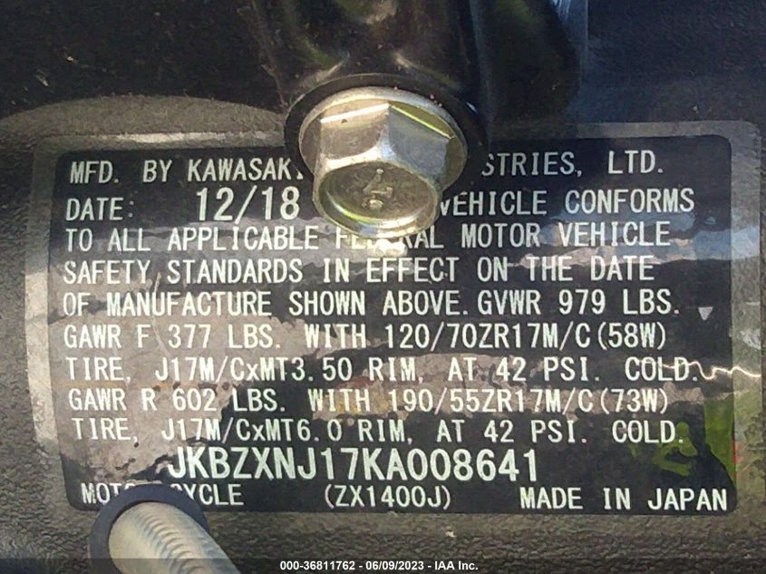 2019 KAWASAKI ZX1400 J - JKBZXNJ17KA008641