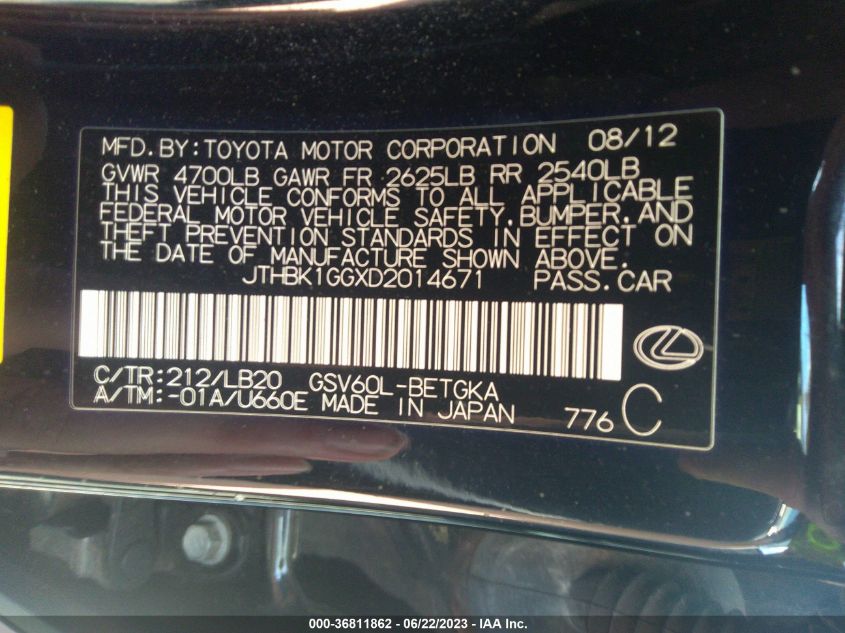 2013 LEXUS ES 350 4DR SDN - JTHBK1GGXD2014671