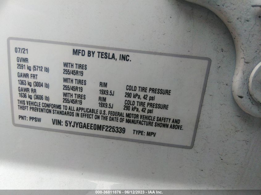 2021 TESLA MODEL Y LONG RANGE - 5YJYGAEE0MF225339