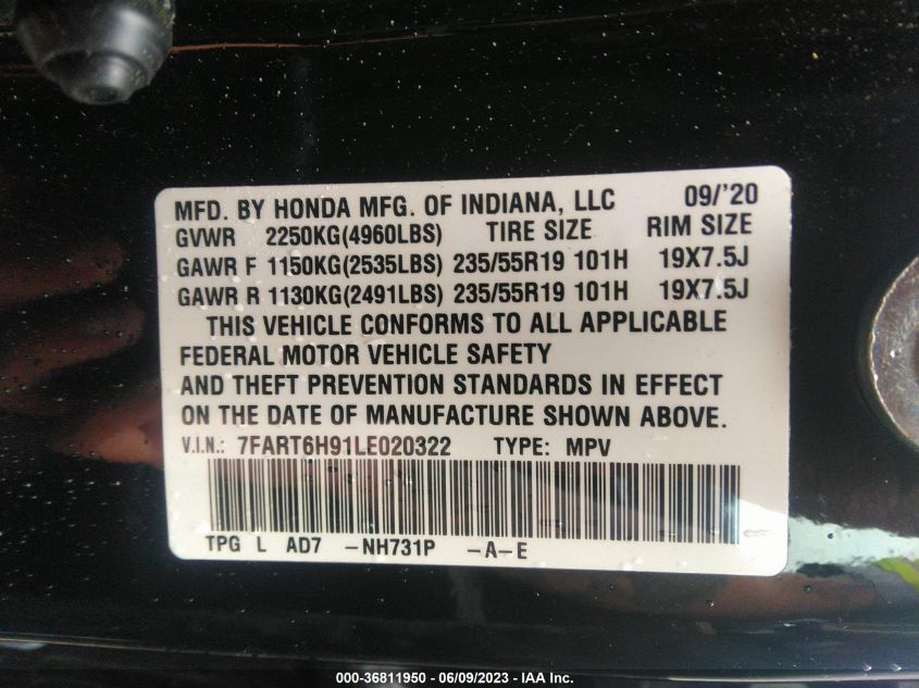 2020 HONDA CR-V HYBRID TOURING 7FART6H91LE020322