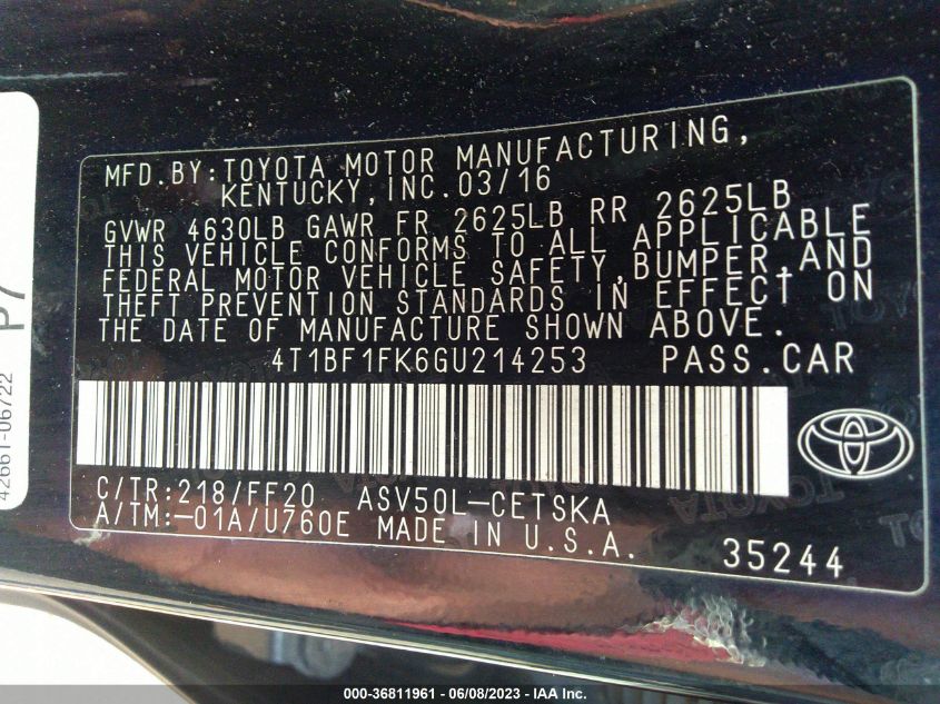 2016 TOYOTA CAMRY XLE/SE/LE/XSE - 4T1BF1FK6GU214253