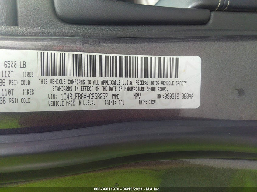 VIN 1C4RJFBGXHC658257 2017 JEEP GRAND CHEROKEE LIMITED