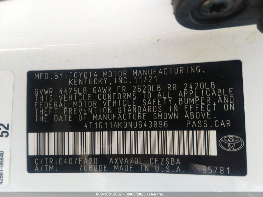 2022 TOYOTA CAMRY SE - 4T1G11AK0NU643896