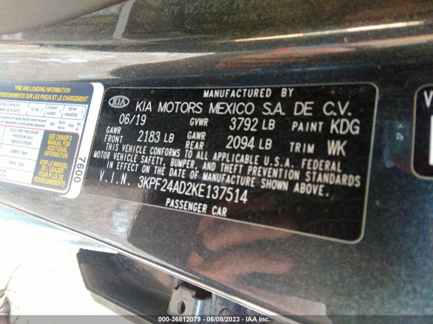 2019 KIA FORTE FE - 3KPF24AD2KE137514