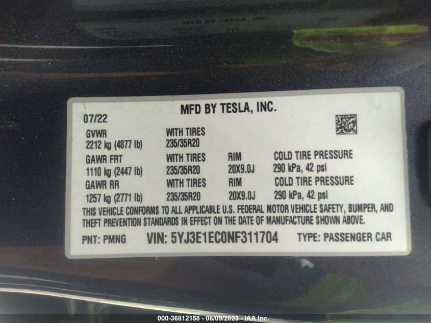 2022 TESLA MODEL 3 PERFORMANCE - 5YJ3E1EC0NF311704