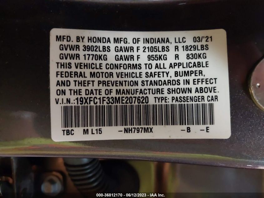 VIN 19XFC1F33ME207620 2021 HONDA CIVIC SEDAN no.9