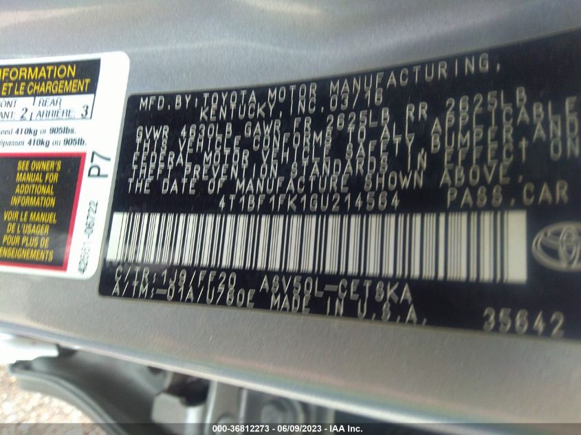 2016 TOYOTA CAMRY XLE/SE/LE/XSE - 4T1BF1FK1GU214564