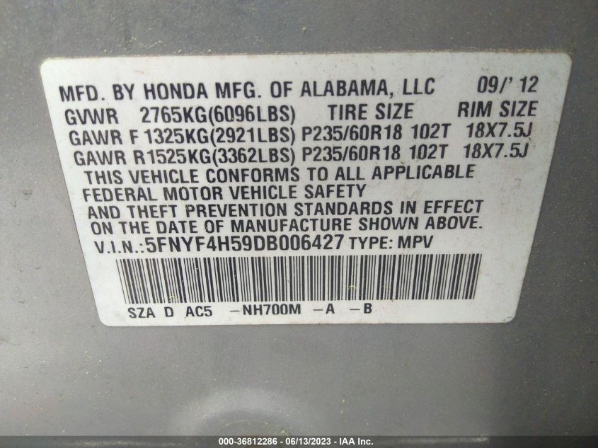 2013 HONDA PILOT EX-L - 5FNYF4H59DB006427
