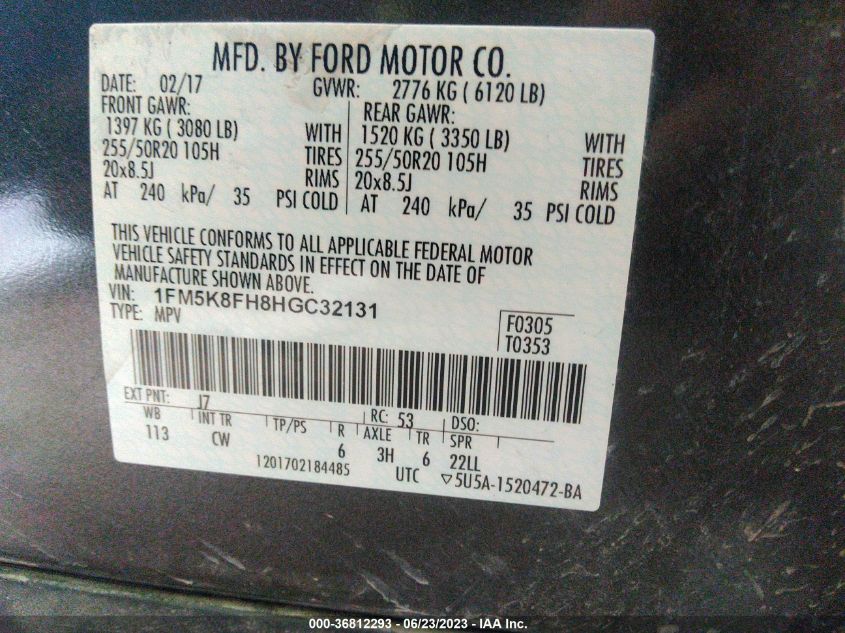 2017 FORD EXPLORER LIMITED - 1FM5K8FH8HGC32131