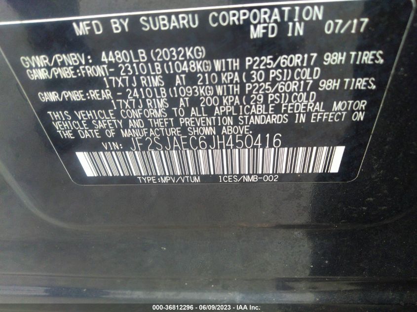 2018 SUBARU FORESTER PREMIUM - JF2SJAEC6JH450416