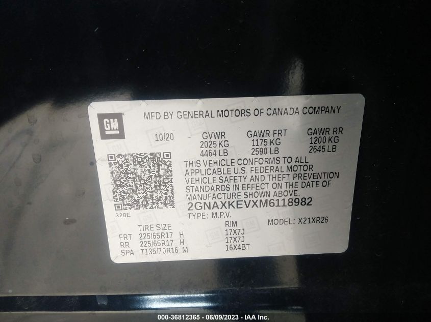 2021 CHEVROLET EQUINOX LT - 2GNAXKEVXM6118982