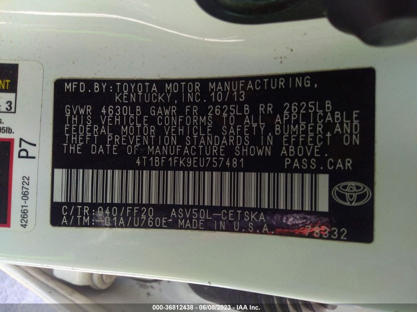 2014 TOYOTA CAMRY L/LE/XLE/SE/SE SPORT - 4T1BF1FK9EU757481