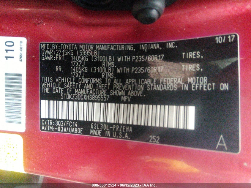 VIN 5TDKZ3DCXHS895557 2017 TOYOTA SIENNA LE