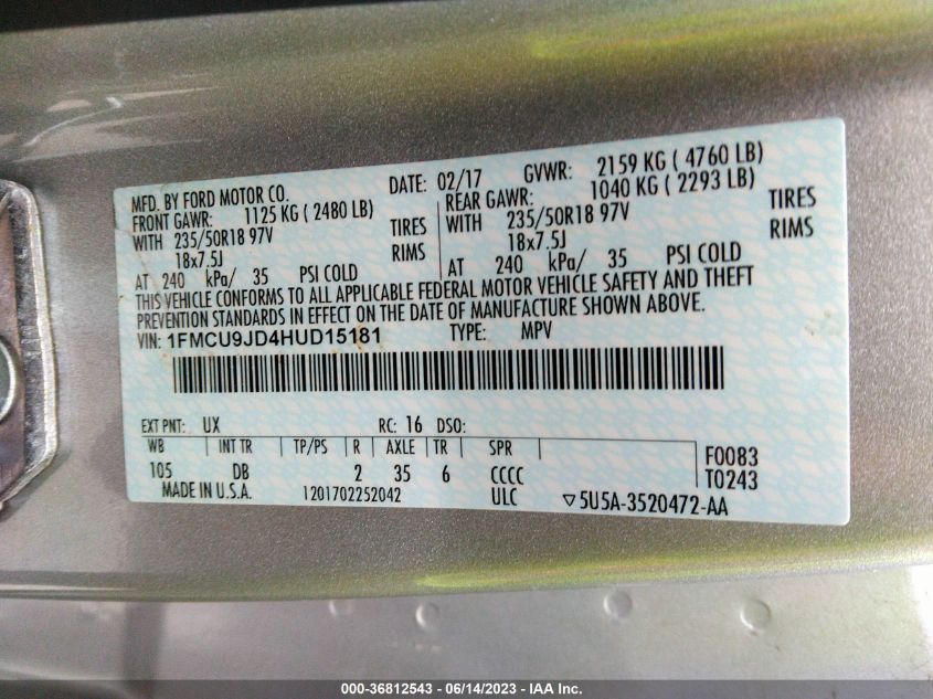 2017 FORD ESCAPE TITANIUM - 1FMCU9JD4HUD15181