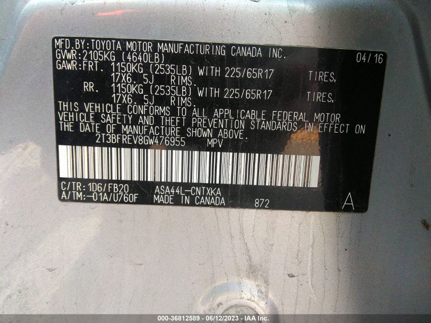 2016 TOYOTA RAV4 LE - 2T3BFREV8GW476955