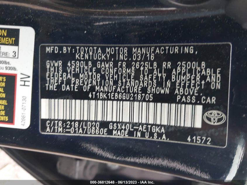 2016 TOYOTA AVALON LIMITED/TOURING/XLE - 4T1BK1EB6GU218705