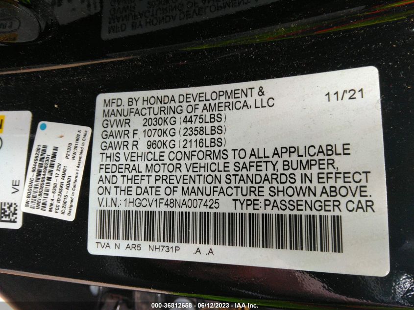 2022 HONDA ACCORD SEDAN SPORT SE - 1HGCV1F48NA007425
