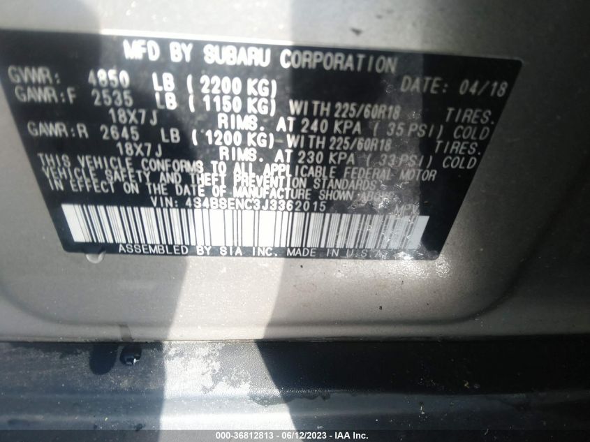 2018 SUBARU OUTBACK LIMITED - 4S4BSENC3J3362015
