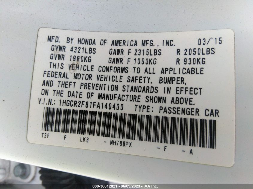 2015 HONDA ACCORD SEDAN EX-L - 1HGCR2F81FA140400