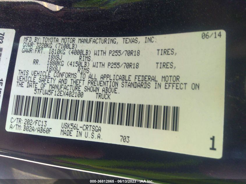 2014 TOYOTA TUNDRA 4WD TRUCK SR/SR5 - 5TFUW5F12EX402100