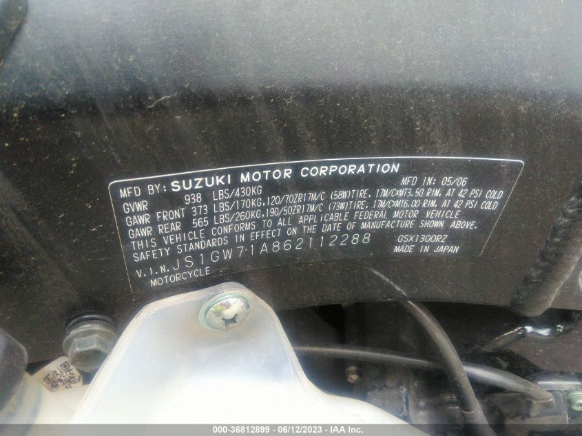 2006 SUZUKI GSX1300 R JS1GW71A862112288