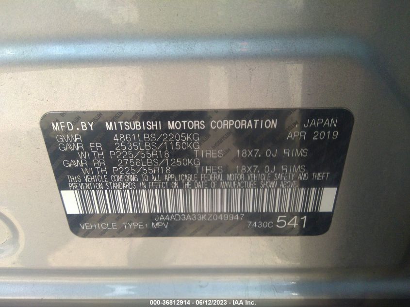 2019 MITSUBISHI OUTLANDER SE/SEL/LE - JA4AD3A33KZ049947