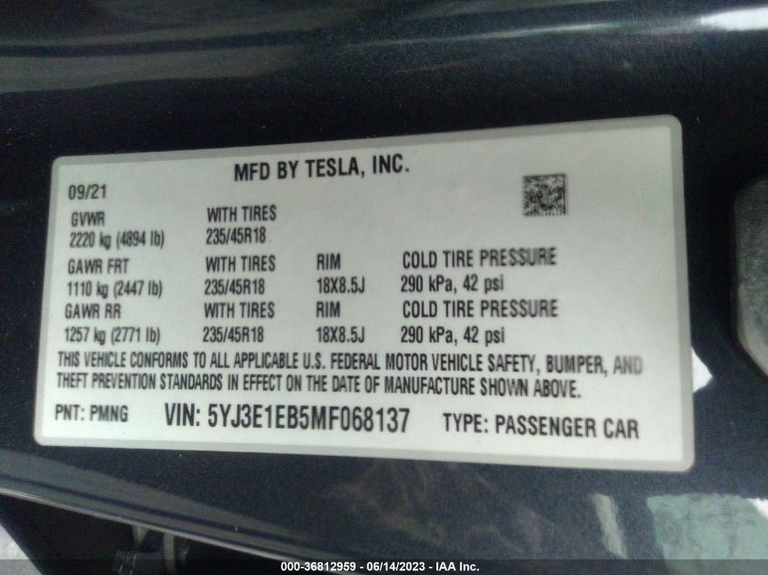 2021 TESLA MODEL 3 LONG RANGE - 5YJ3E1EB5MF068137