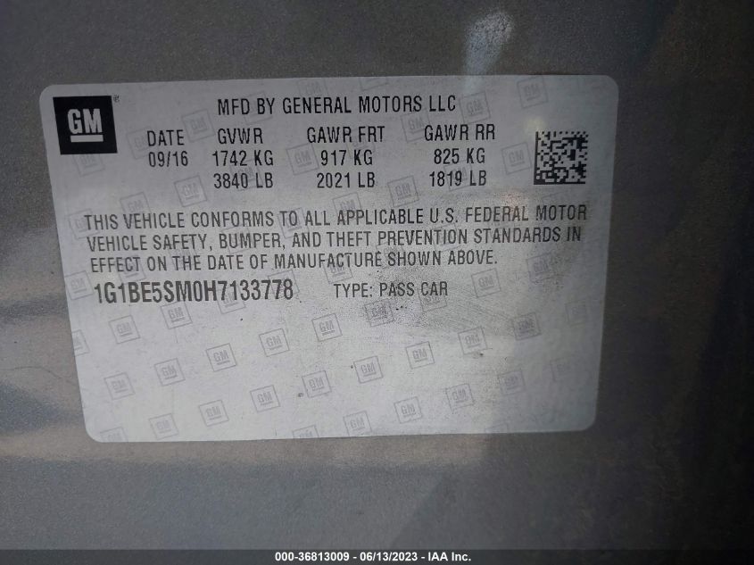 2017 CHEVROLET CRUZE LT - 1G1BE5SM0H7133778