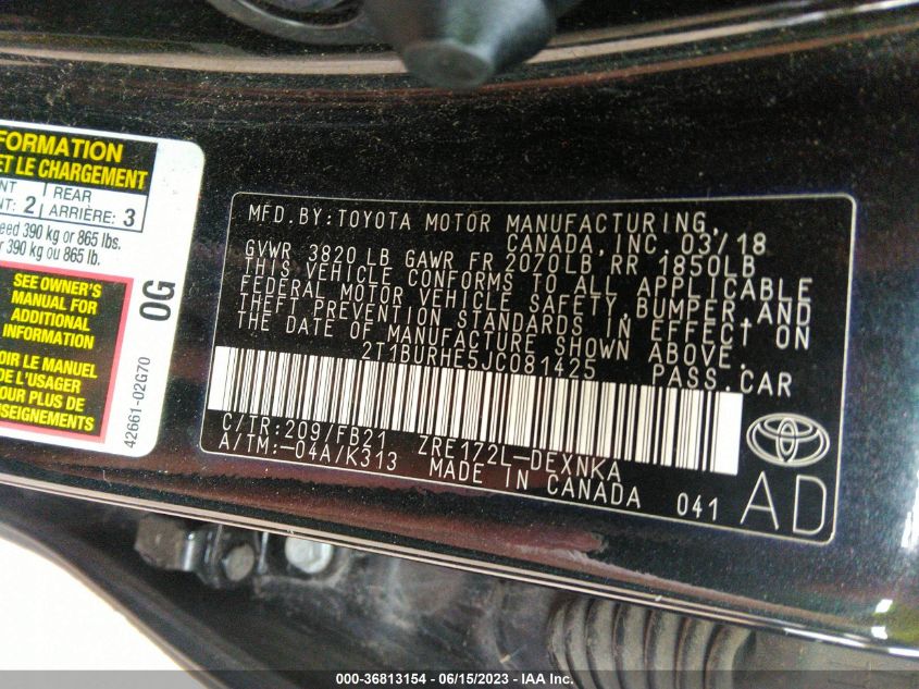 2018 TOYOTA COROLLA LE - 2T1BURHE5JC081425