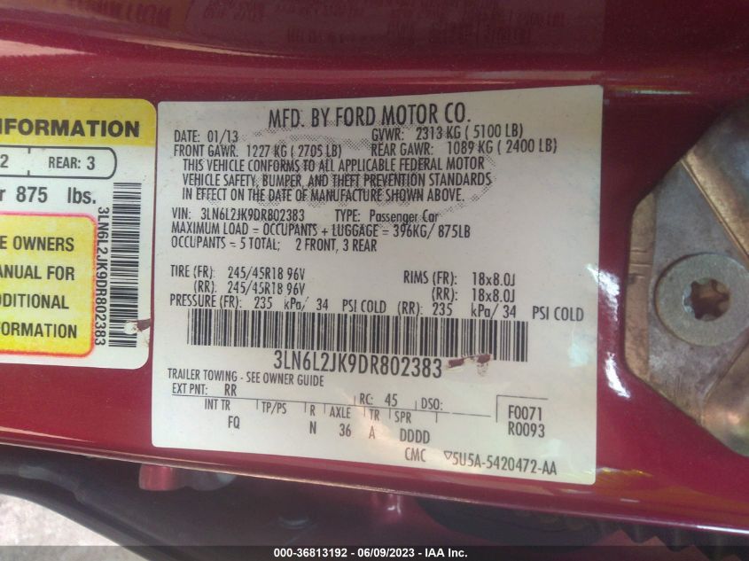 2013 LINCOLN MKZ - 3LN6L2JK9DR802383