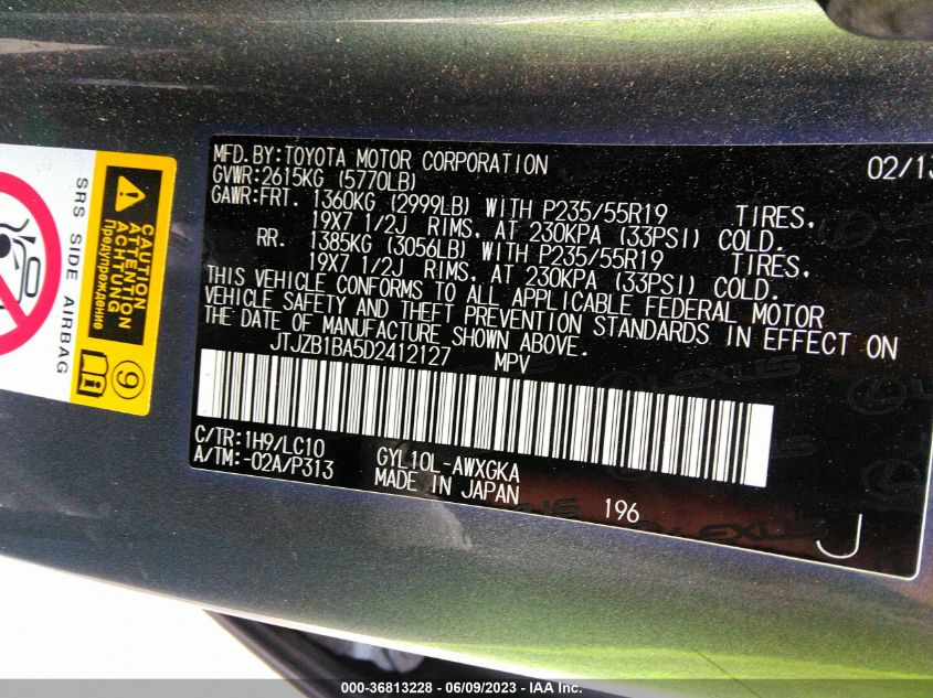 2013 LEXUS RX 450H - JTJZB1BA5D2412127