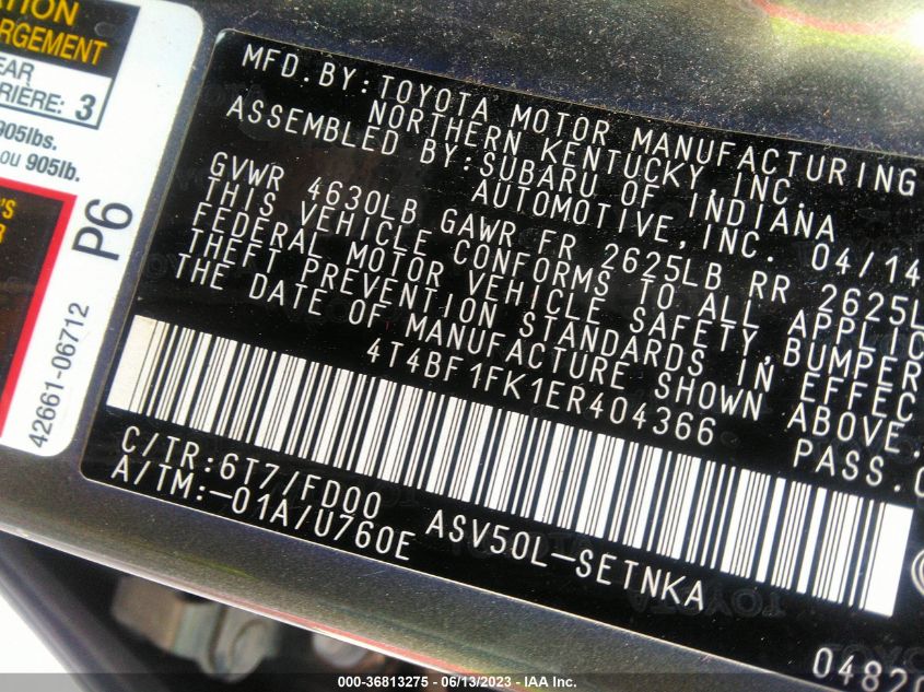 2014 TOYOTA CAMRY L/LE/XLE/SE/SE SPORT - 4T4BF1FK1ER404366