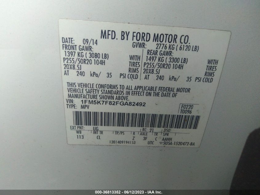 2015 FORD EXPLORER LIMITED - 1FM5K7F82FGA82492