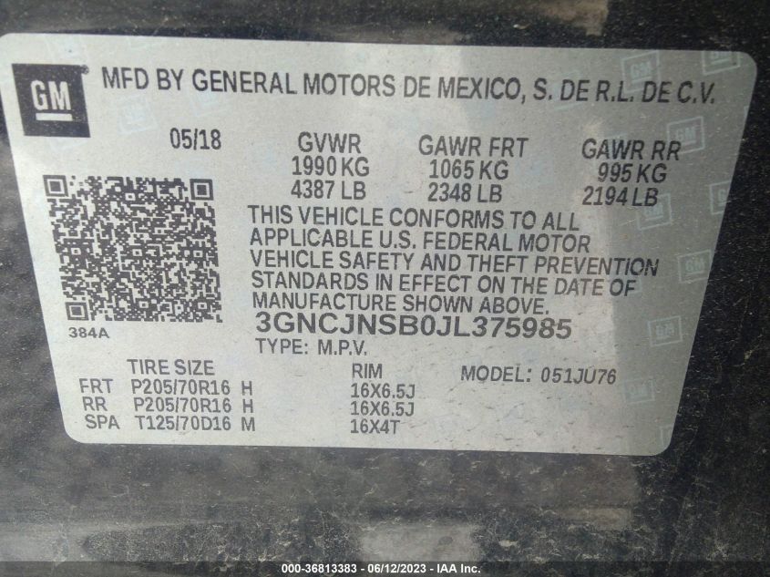 2018 CHEVROLET TRAX LS - 3GNCJNSB0JL375985