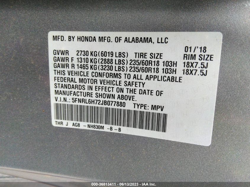 2018 HONDA ODYSSEY EX-L - 5FNRL6H72JB077880