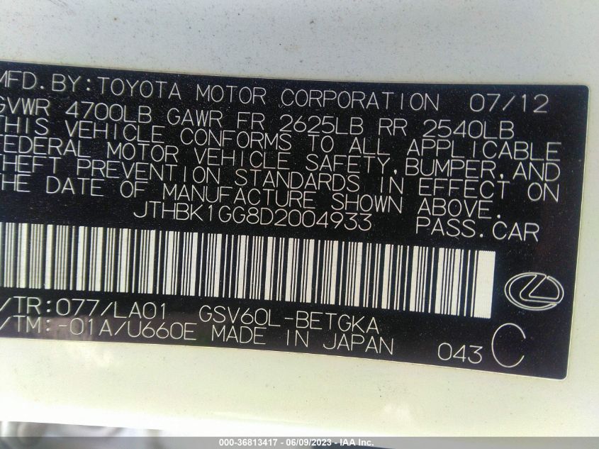 2013 LEXUS ES 350 4DR SDN - JTHBK1GG8D2004933