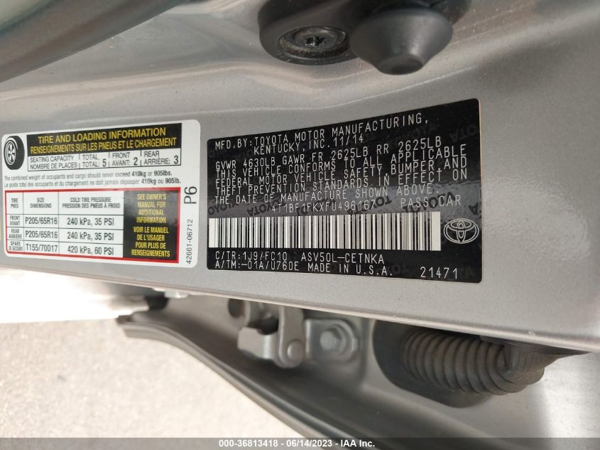 2015 TOYOTA CAMRY XLE/SE/LE/XSE - 4T1BF1FKXFU496167